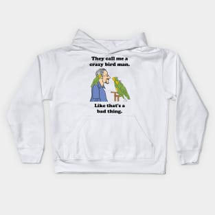 Crazy bird man with green parrots Kids Hoodie